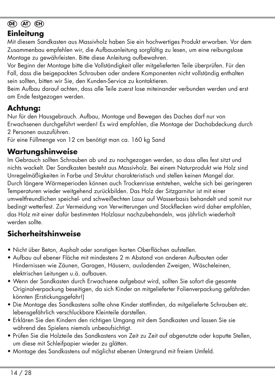 Einleitung, Achtung, Wartungshinweise | Sicherheitshinweise | Playtive Sandpit User Manual | Page 14 / 28