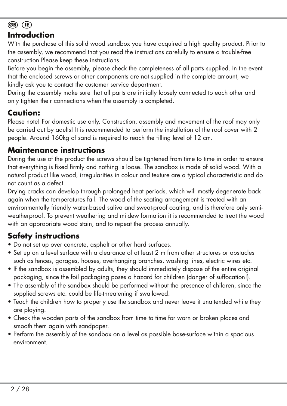 Introduction, Caution, Maintenance instructions | Safety instructions | Playtive Sandpit User Manual | Page 2 / 28