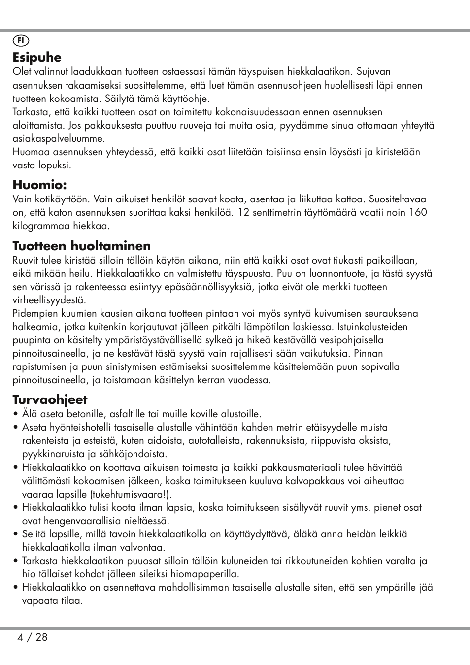 Esipuhe, Huomio, Tuotteen huoltaminen | Turvaohjeet | Playtive Sandpit User Manual | Page 4 / 28