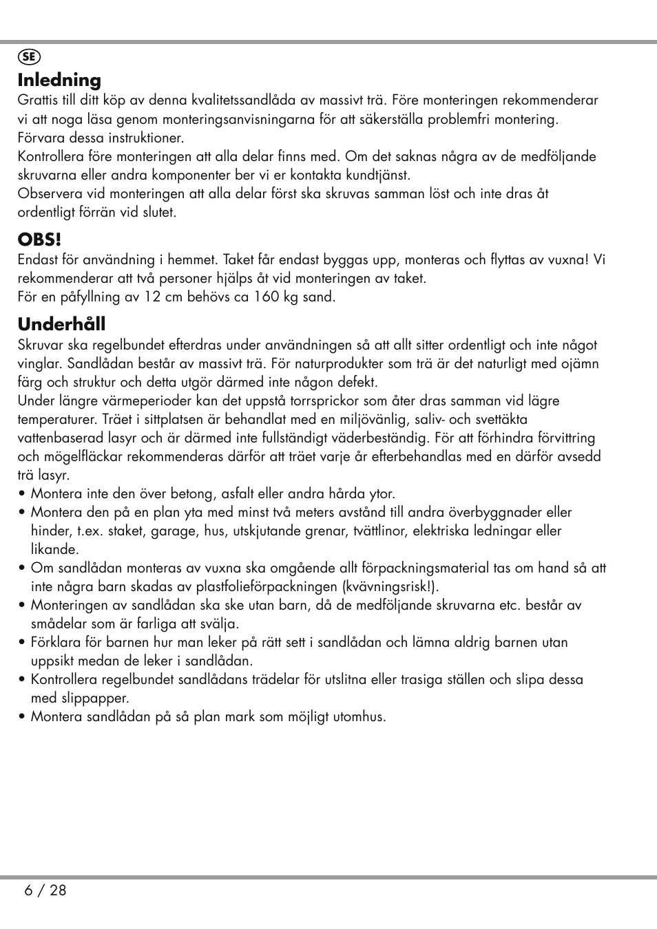 Inledning, Underhåll | Playtive Sandpit User Manual | Page 6 / 28