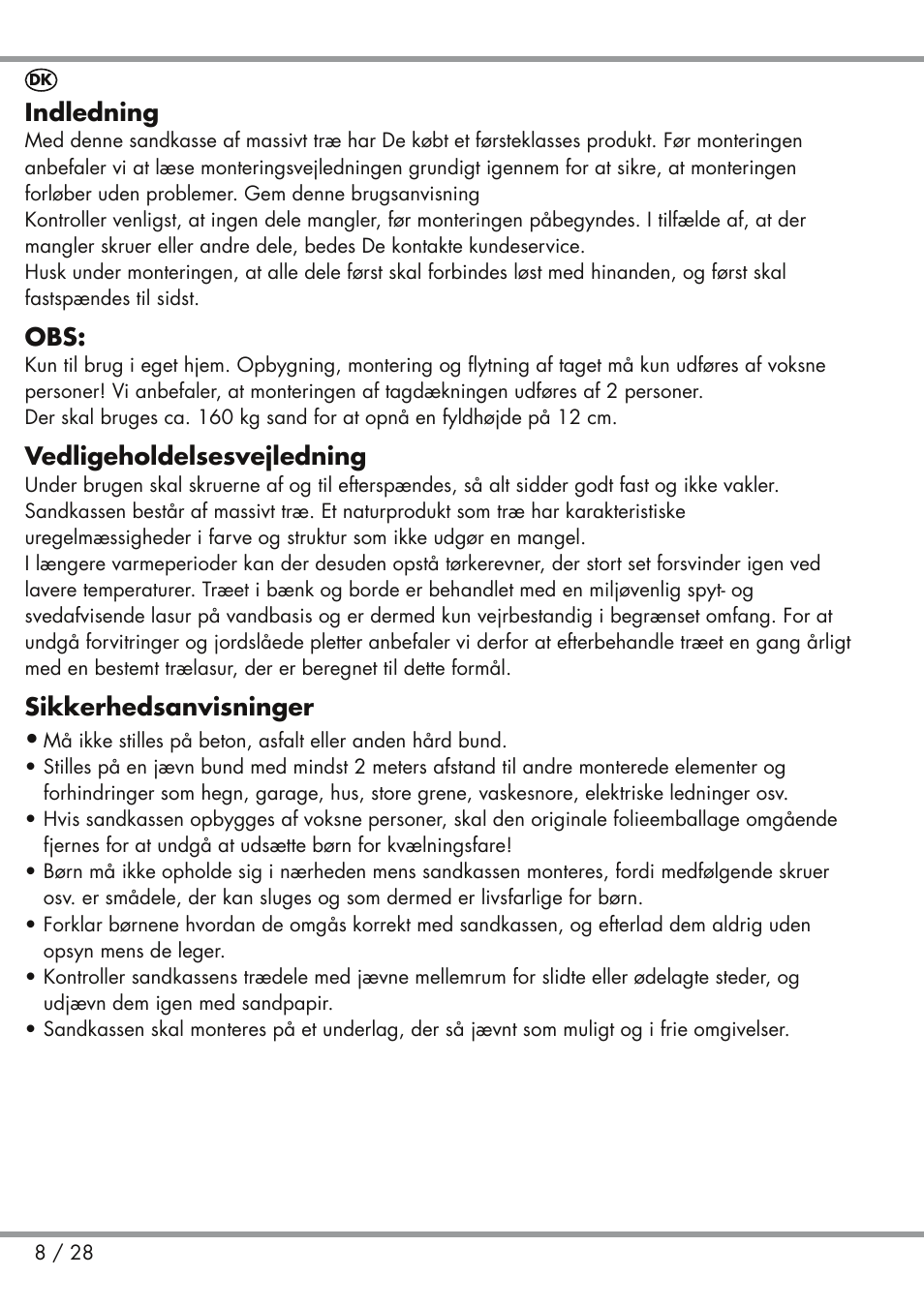 Indledning, Vedligeholdelsesvejledning, Sikkerhedsanvisninger | Playtive Sandpit User Manual | Page 8 / 28