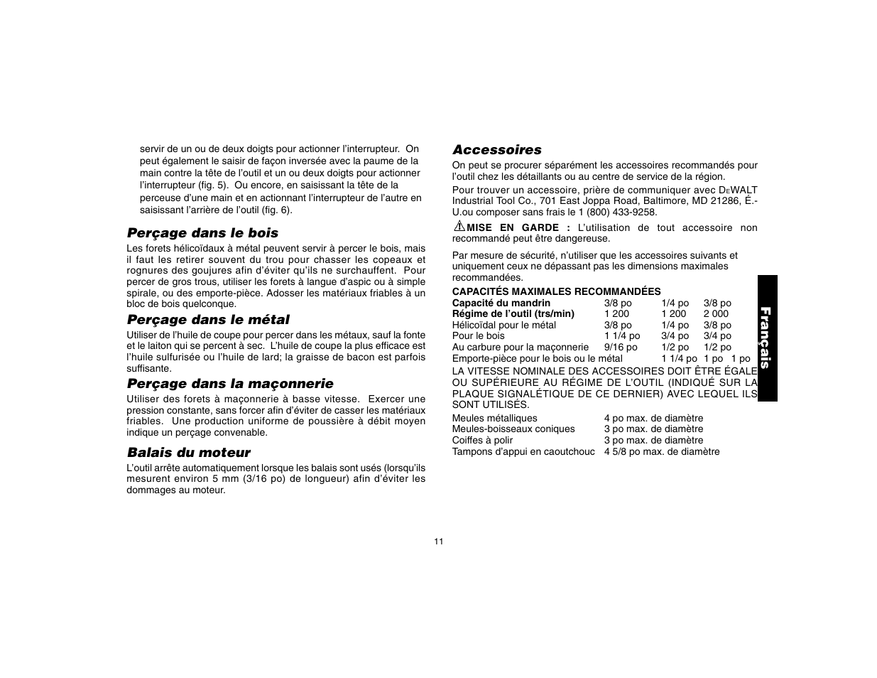 Français, Perçage dans le bois, Perçage dans le métal | Perçage dans la maçonnerie, Balais du moteur, Accessoires | DeWalt DW160 User Manual | Page 13 / 24