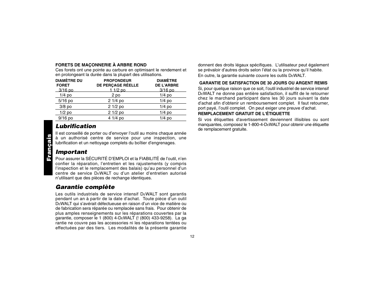 Lubrification, Important, Garantie complète | Français | DeWalt DW160 User Manual | Page 14 / 24