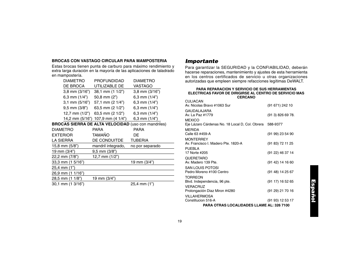 Importante, Español | DeWalt DW160 User Manual | Page 21 / 24