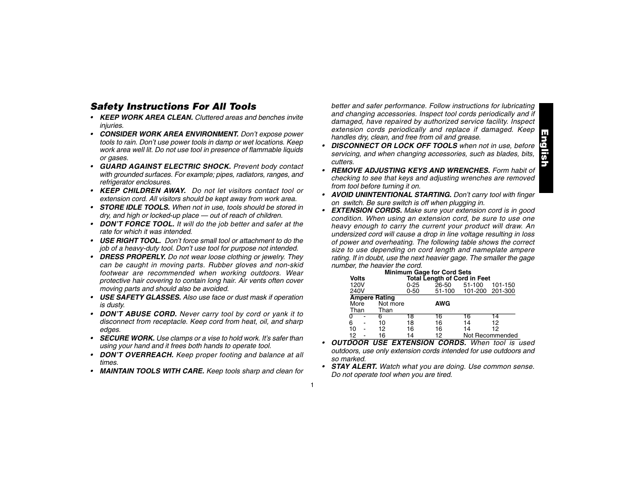 Safety instructions for all tools, English | DeWalt DW160 User Manual | Page 3 / 24