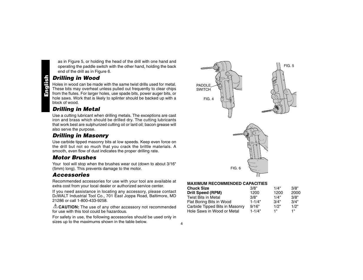 Drilling in wood, Drilling in metal, Drilling in masonry | Motor brushes, Accessories, English | DeWalt DW160 User Manual | Page 6 / 24