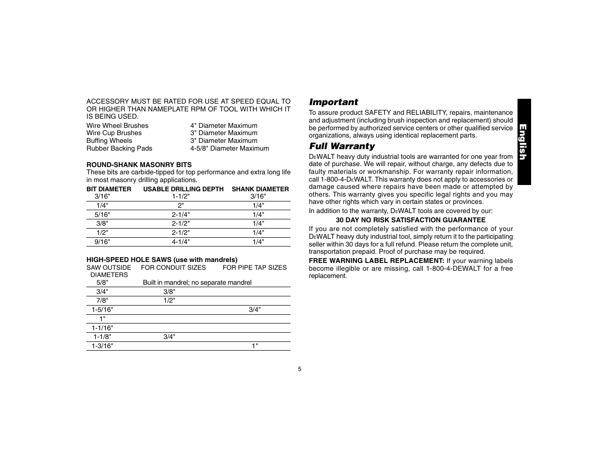 Important, Full warranty, English | DeWalt DW160 User Manual | Page 7 / 24