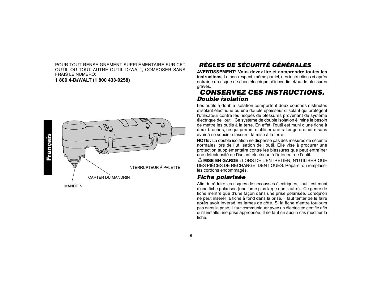 Conservez ces instructions | DeWalt DW160 User Manual | Page 8 / 24