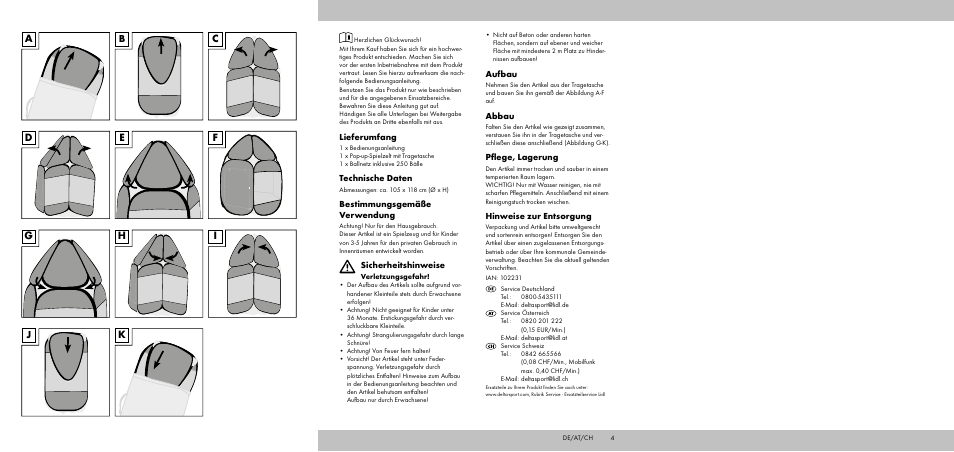 Aufbau, Abbau, Pflege, lagerung | Hinweise zur entsorgung, Lieferumfang, Technische daten, Bestimmungsgemäße verwendung, Sicherheitshinweise | Playtive Pop-up Play Tent User Manual | Page 2 / 6