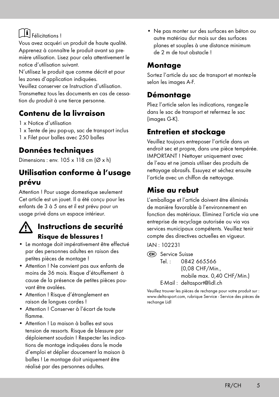 Die102231_ballhouse_manual_inside_lb1_ch_layout, Montage, Démontage | Entretien et stockage, Mise au rebut, Contenu de la livraison, Données techniques, Utilisation conforme à l’usage prévu, Instructions de securité | Playtive Pop-up Play Tent User Manual | Page 3 / 6