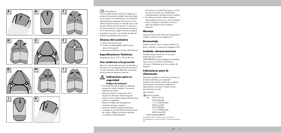 Montaje, Desmontaje, Cuidado, almacenamiento | Indicaciones para la eliminación, Alcance del suministro, Especificaciones téchnicas, Uso conforme a lo prescrito, Indicaciones para su seguridad | Playtive Pop-up Play Tent User Manual | Page 2 / 6