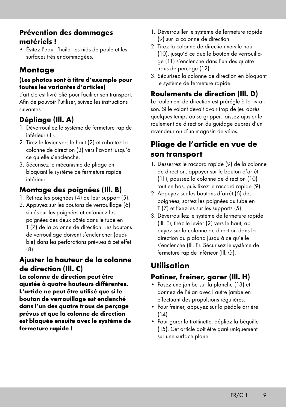 Montage, Pliage de l’article en vue de son transport, Utilisation | Playtive Aluminium Scooter User Manual | Page 9 / 20