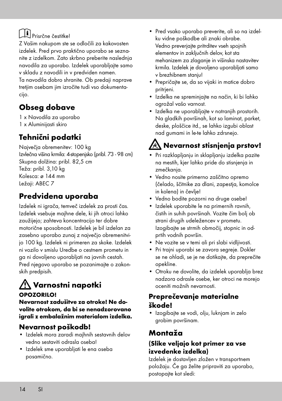 Obseg dobave, Tehnični podatki, Predvidena uporaba | Varnostni napotki, Montaža | Playtive Aluminium Scooter User Manual | Page 14 / 28