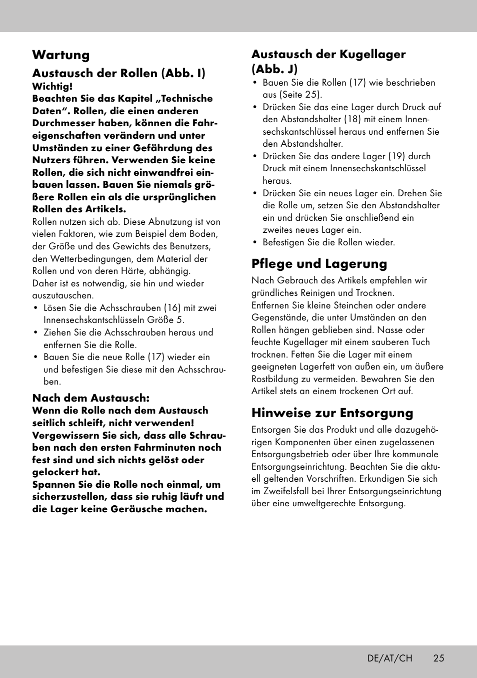 Pflege und lagerung, Hinweise zur entsorgung, Wartung | Austausch der kugellager (abb. j), Austausch der rollen (abb. i) | Playtive Aluminium Scooter User Manual | Page 25 / 28
