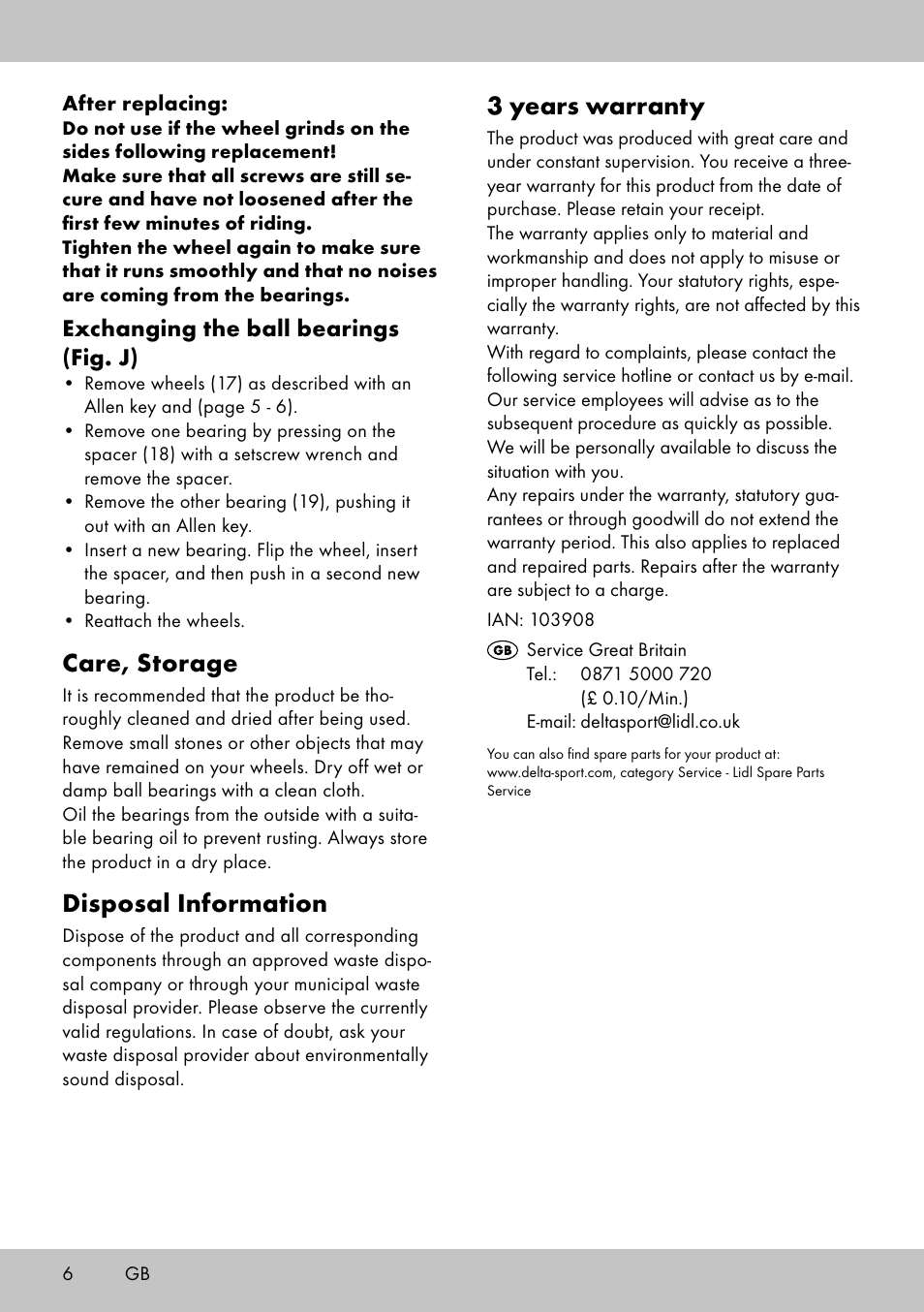 3 years warranty, Care, storage, Disposal information | Exchanging the ball bearings (fig. j) | Playtive Aluminium Scooter User Manual | Page 6 / 28