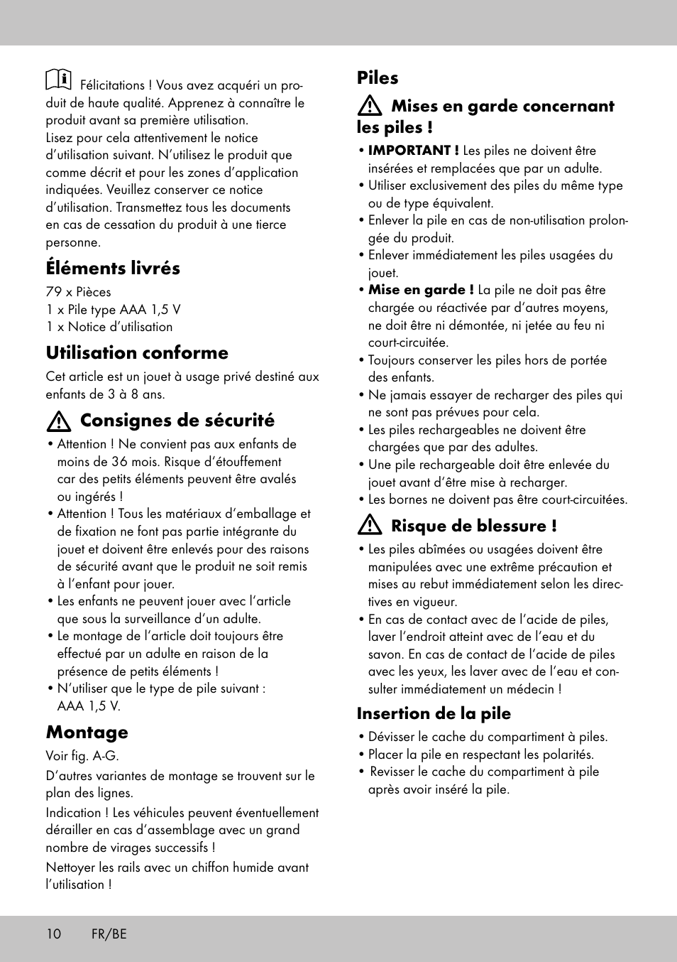 Piles, Éléments livrés, Utilisation conforme | Consignes de sécurité, Montage | Playtive WOODEN ROAD SET User Manual | Page 10 / 21