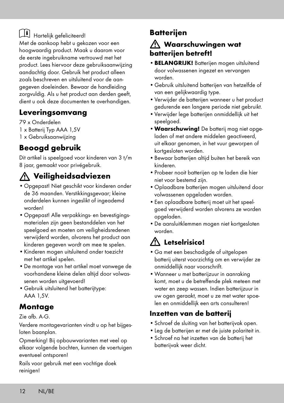 Batterijen, Leveringsomvang, Beoogd gebruik | Veiligheidsadviezen, Montage | Playtive WOODEN ROAD SET User Manual | Page 12 / 21