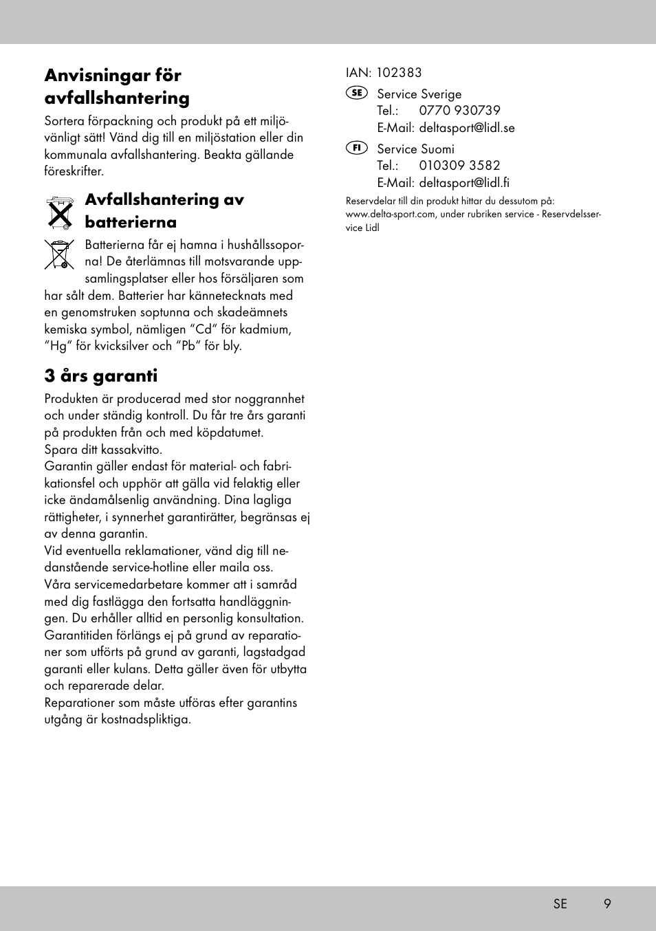 Anvisningar för avfallshantering, 3 års garanti, Avfallshantering av batterierna | Playtive WOODEN ROAD SET User Manual | Page 9 / 21
