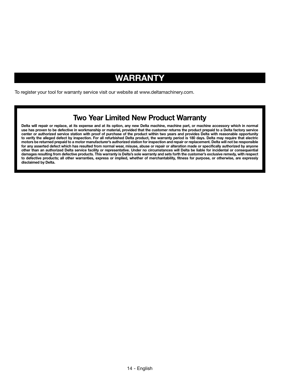 Warranty, Two year limited new product warranty | Delta 14-65l User Manual | Page 14 / 40