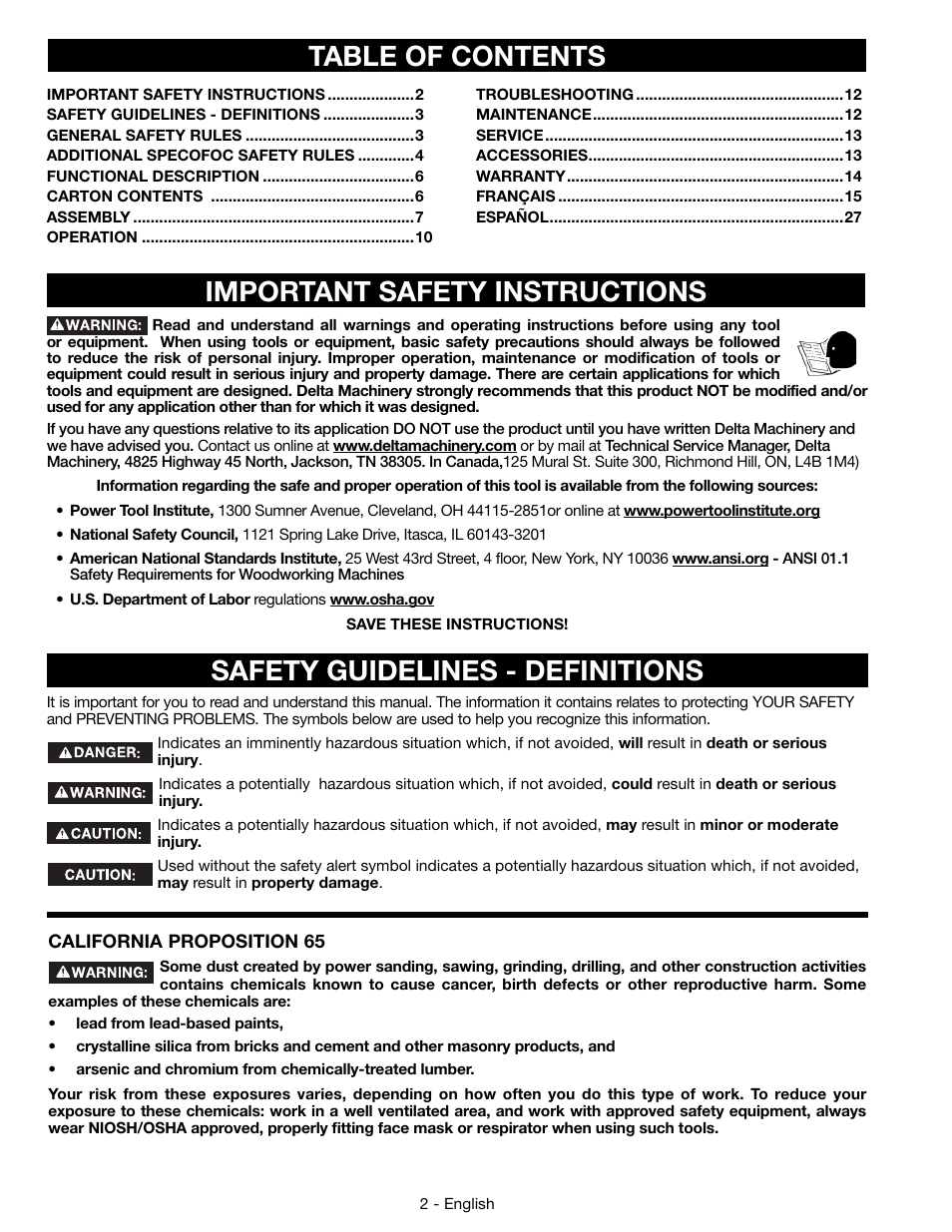 Table of contents important safety instructions, Safety guidelines - definitions | Delta 14-65l User Manual | Page 2 / 40