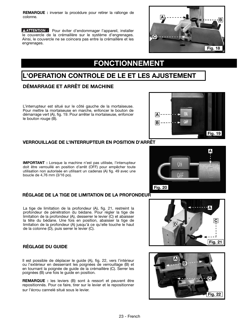 Fonctionnement, L'operation controle de le et les ajustement s | Delta 14-65l User Manual | Page 23 / 40