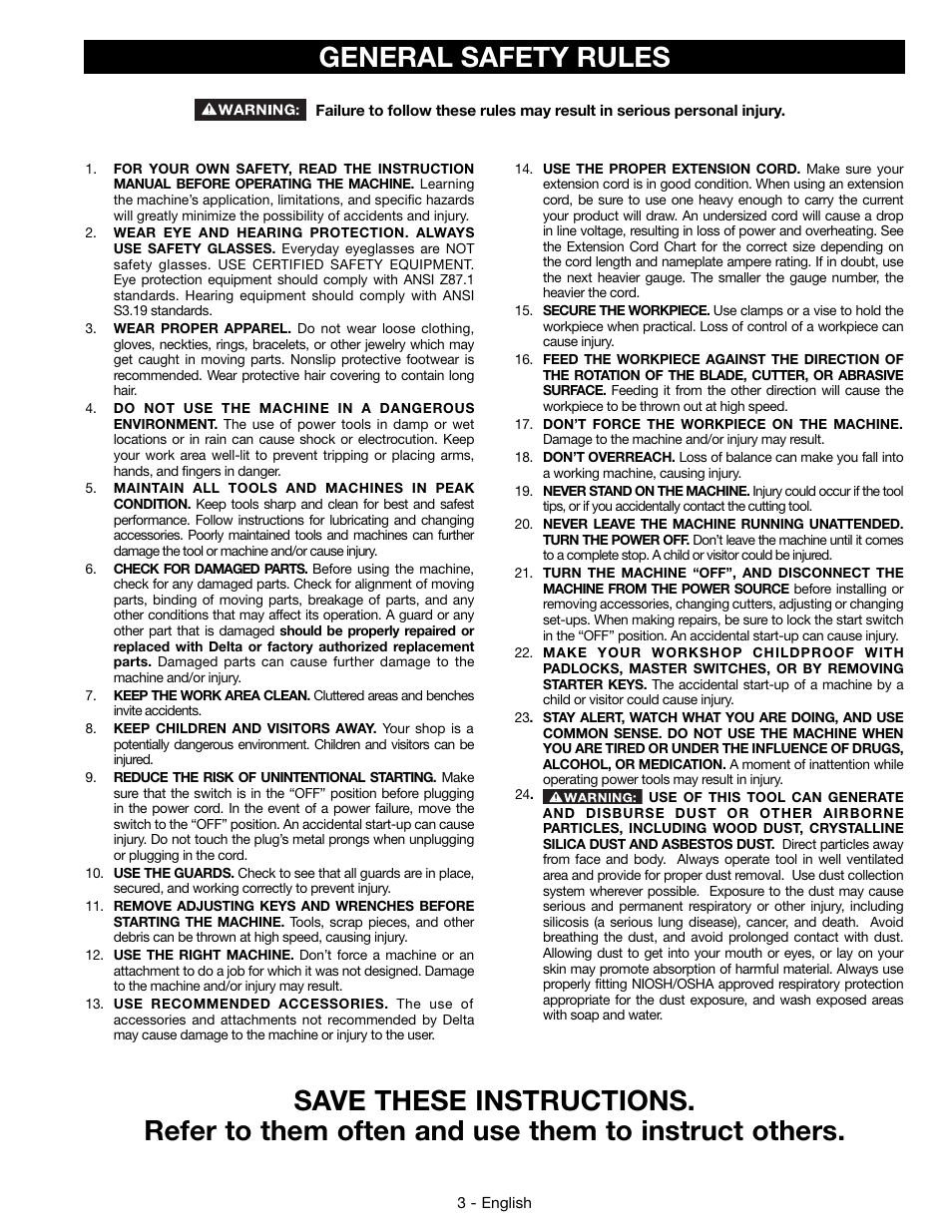 General safety rules | Delta 14-65l User Manual | Page 3 / 40