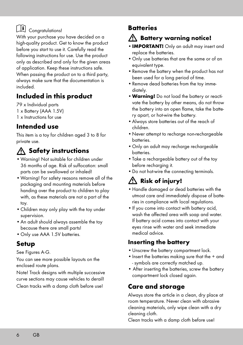 Batteries, Care and storage, Included in this product | Intended use, Safety instructions, Setup | Playtive WOODEN ROAD SET User Manual | Page 6 / 13