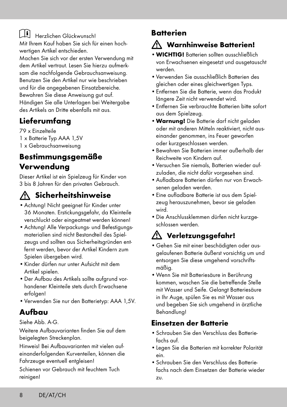 Lieferumfang, Bestimmungsgemäße verwendung, Sicherheitshinweise | Aufbau, Batterien | Playtive WOODEN ROAD SET User Manual | Page 8 / 13