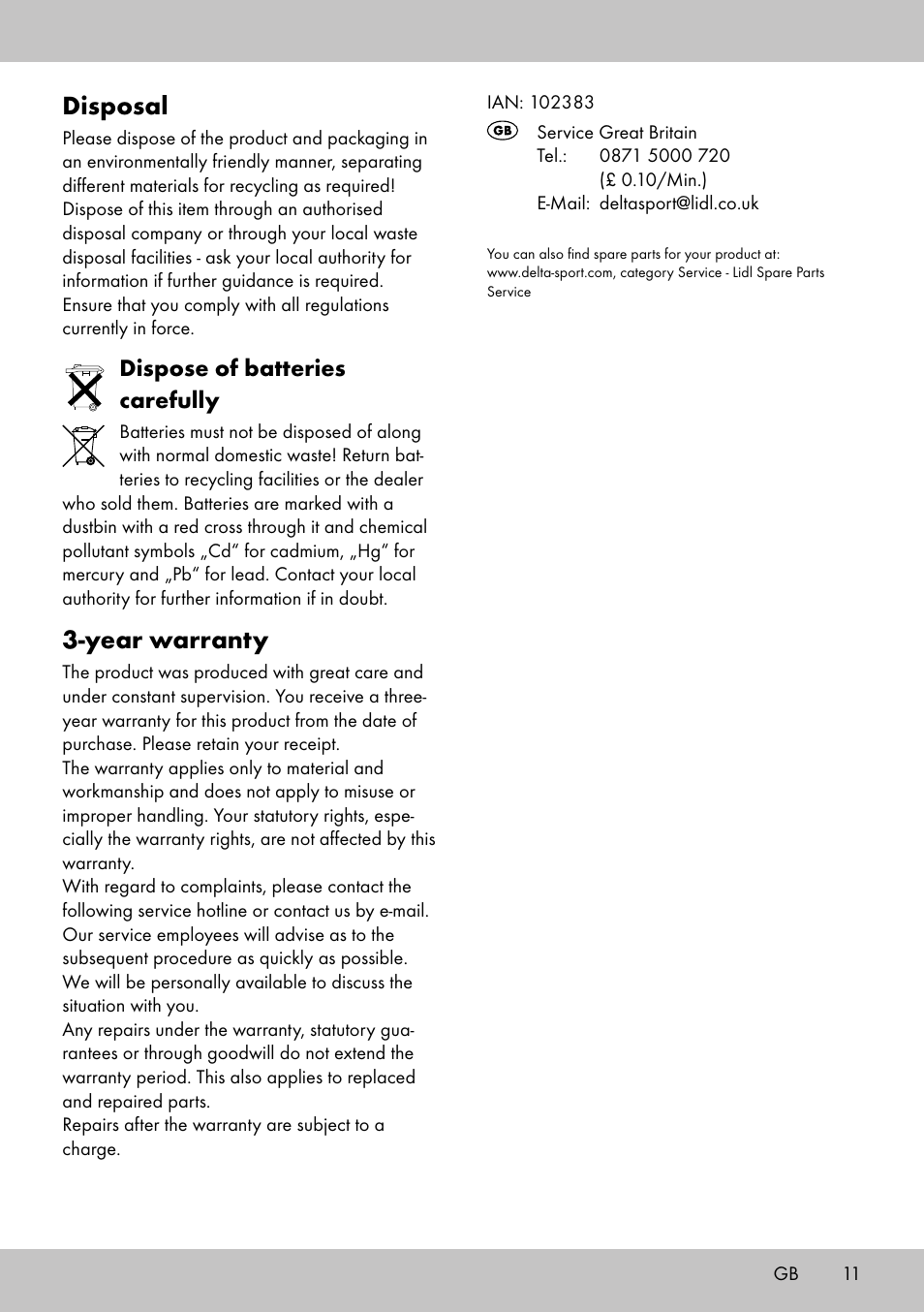 Disposal, Year warranty, Dispose of batteries carefully | Playtive WOODEN RAILWAY SET User Manual | Page 11 / 13