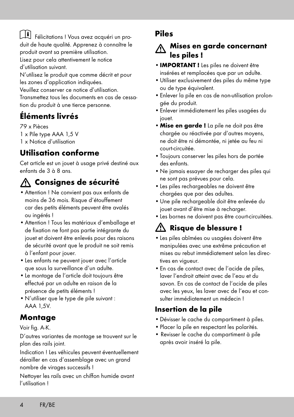 Piles, Éléments livrés, Utilisation conforme | Consignes de sécurité, Montage | Playtive WOODEN RAILWAY SET User Manual | Page 4 / 13