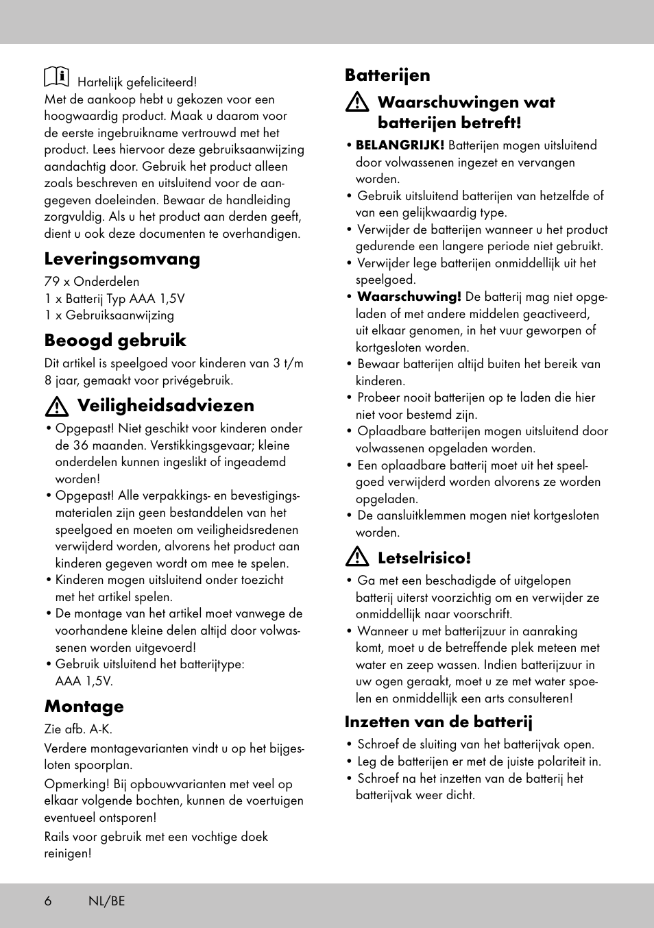 Batterijen, Leveringsomvang, Beoogd gebruik | Veiligheidsadviezen, Montage | Playtive WOODEN RAILWAY SET User Manual | Page 6 / 13