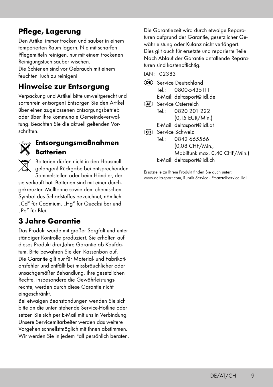 Pflege, lagerung, Hinweise zur entsorgung, 3 jahre garantie | Entsorgungsmaßnahmen batterien | Playtive WOODEN RAILWAY SET User Manual | Page 9 / 13