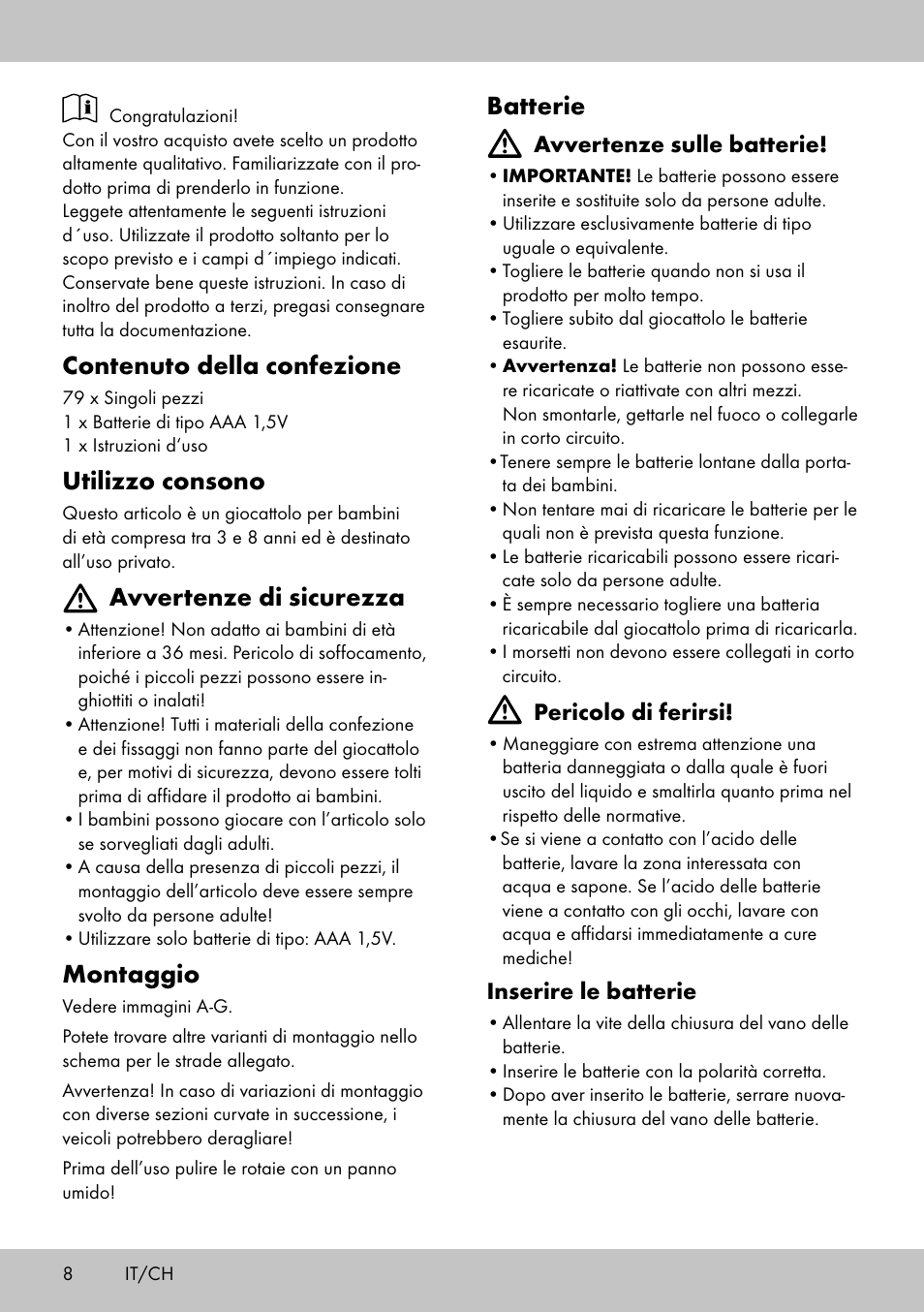 Contenuto della confezione, Utilizzo consono, Avvertenze di sicurezza | Montaggio, Batterie | Playtive WOODEN ROAD SET User Manual | Page 8 / 13