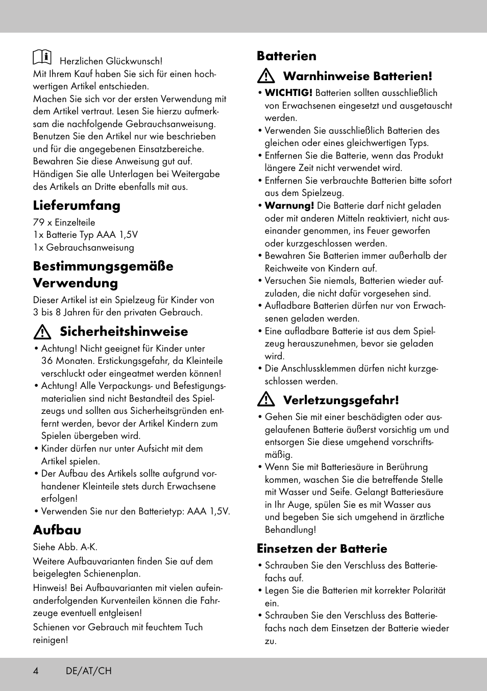 Lieferumfang, Bestimmungsgemäße verwendung, Sicherheitshinweise | Aufbau, Batterien | Playtive WOODEN RAILWAY SET User Manual | Page 4 / 13