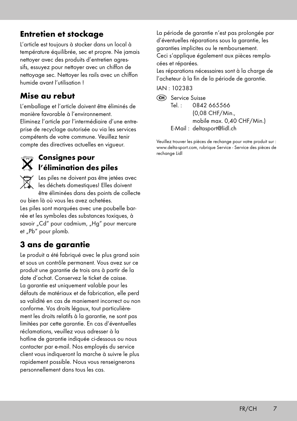 Entretien et stockage, Mise au rebut, 3 ans de garantie | Consignes pour l’élimination des piles | Playtive WOODEN RAILWAY SET User Manual | Page 7 / 13
