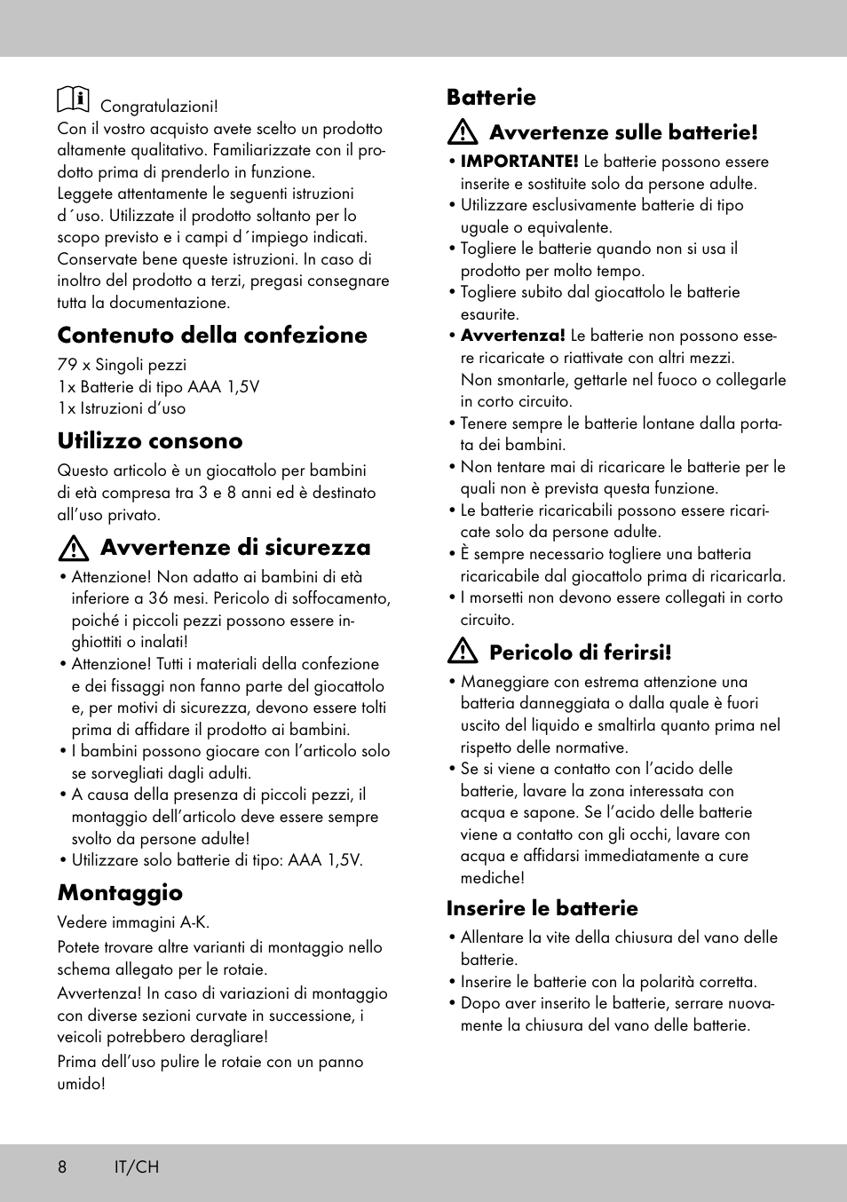 Contenuto della confezione, Utilizzo consono, Avvertenze di sicurezza | Montaggio, Batterie | Playtive WOODEN RAILWAY SET User Manual | Page 8 / 13