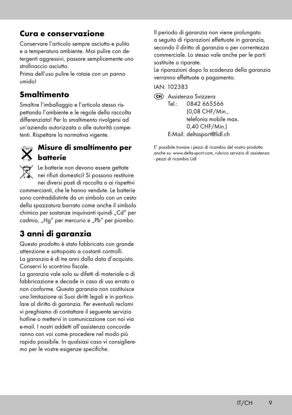 Cura e conservazione, Smaltimento, 3 anni di garanzia | Misure di smaltimento per batterie | Playtive WOODEN RAILWAY SET User Manual | Page 9 / 13
