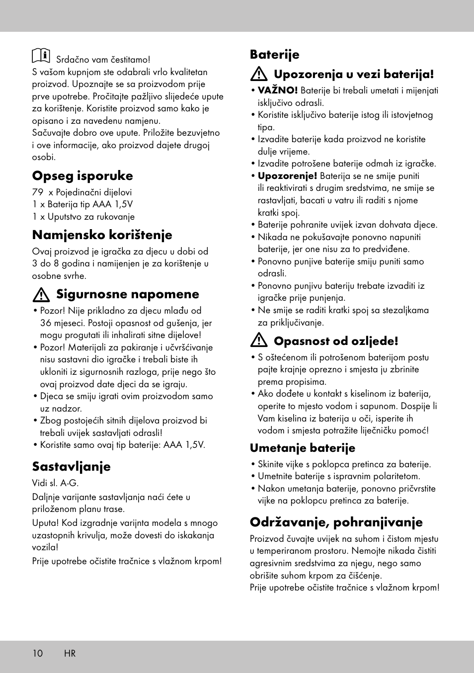 Opseg isporuke, Namjensko korištenje, Sigurnosne napomene | Sastavljanje, Baterije, Održavanje, pohranjivanje | Playtive WOODEN ROAD SET User Manual | Page 10 / 21