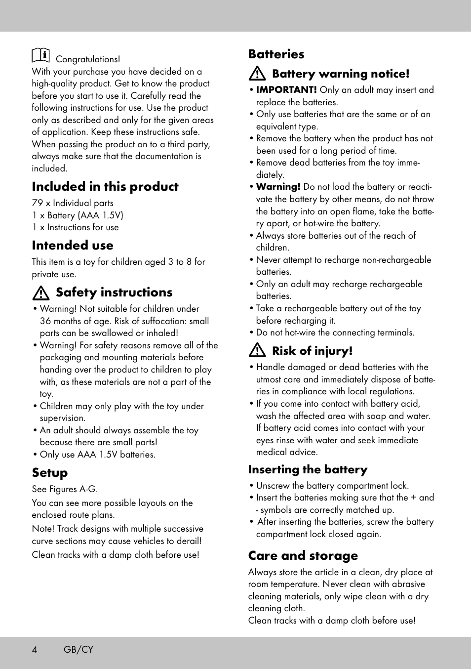 Batteries, Care and storage, Included in this product | Intended use, Safety instructions, Setup | Playtive WOODEN ROAD SET User Manual | Page 4 / 21