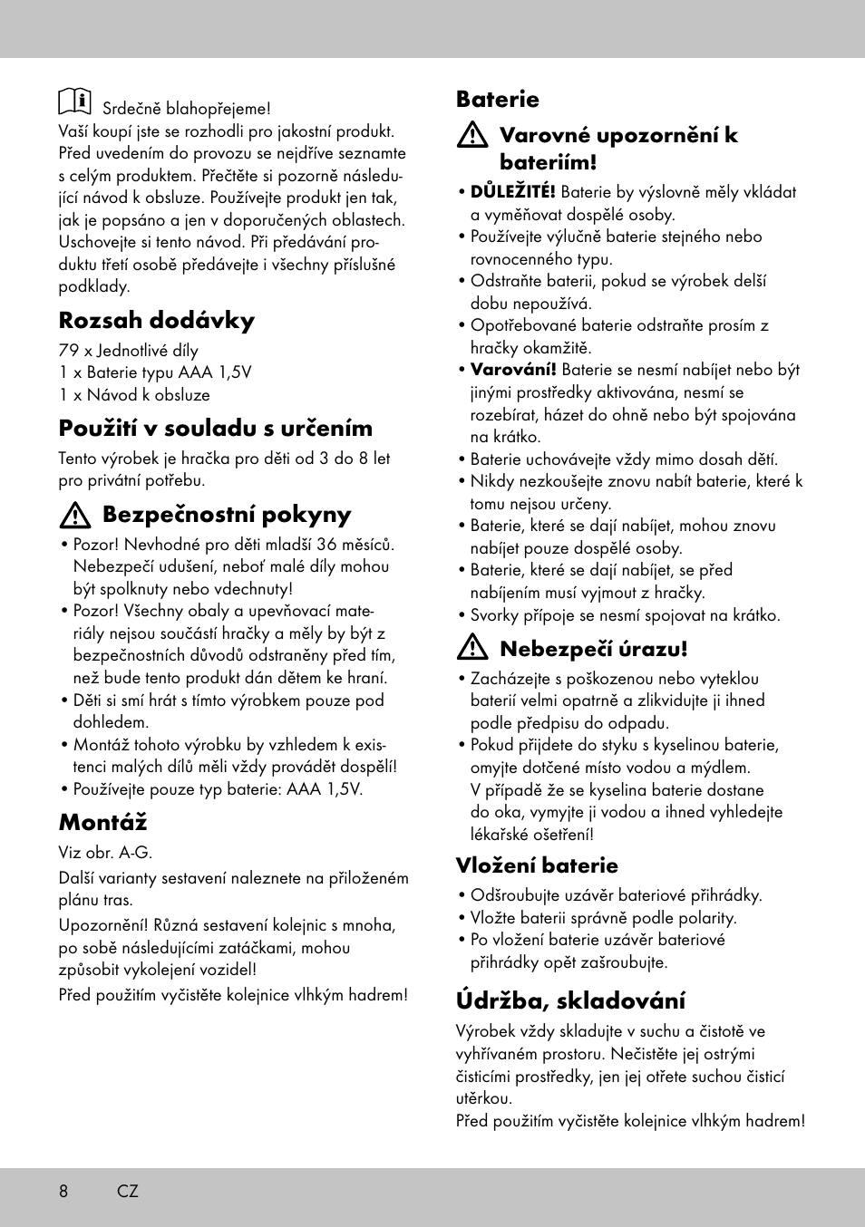 Rozsah dodávky, Použití v souladu s určením, Bezpečnostní pokyny | Montáž, Baterie, Údržba, skladování | Playtive WOODEN ROAD SET User Manual | Page 8 / 21