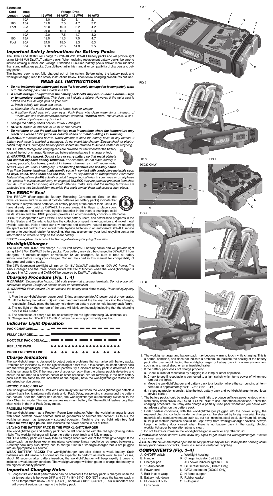 Important safety instructions for battery packs, Read all instructions, The rbrc™ seal | Worklight/charger, Charging procedure (fig. 1, 4), Indicator light operation charge indicators, Components (fig. 1–4) | DeWalt DC022 User Manual | Page 2 / 7