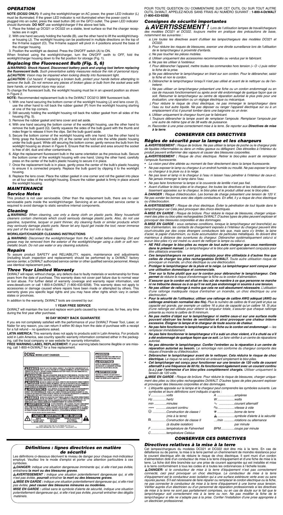 Avertissement | DeWalt DC022 User Manual | Page 3 / 7