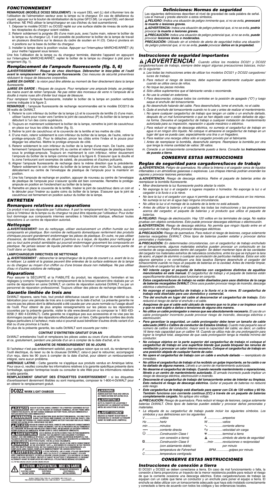 Advertencia | DeWalt DC022 User Manual | Page 5 / 7