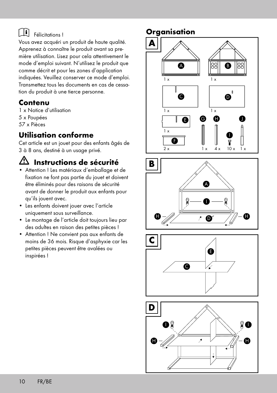 Bc d a, Contenu, Utilisation conforme | Instructions de sécurité, Organisation | Playtive Doll‘s House User Manual | Page 10 / 16