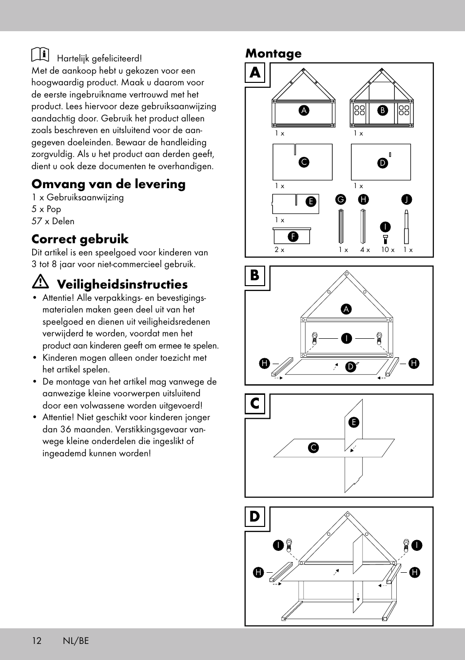 Bc d a, Omvang van de levering, Correct gebruik | Veiligheidsinstructies, Montage | Playtive Doll‘s House User Manual | Page 12 / 16