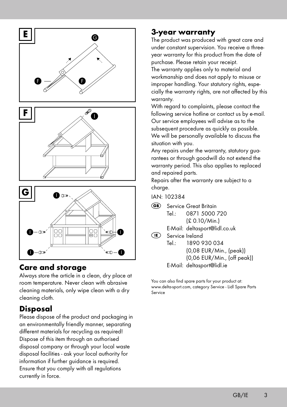 Fe g, Year warranty, Care and storage | Disposal | Playtive Doll‘s House User Manual | Page 3 / 16