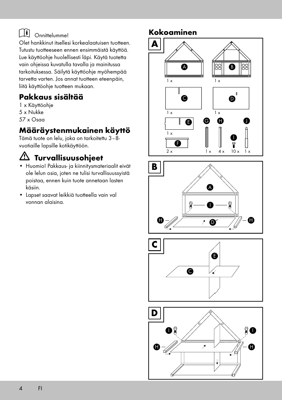 Bc d a, Pakkaus sisältää, Määräystenmukainen käyttö | Turvallisuusohjeet, Kokoaminen | Playtive Doll‘s House User Manual | Page 4 / 16