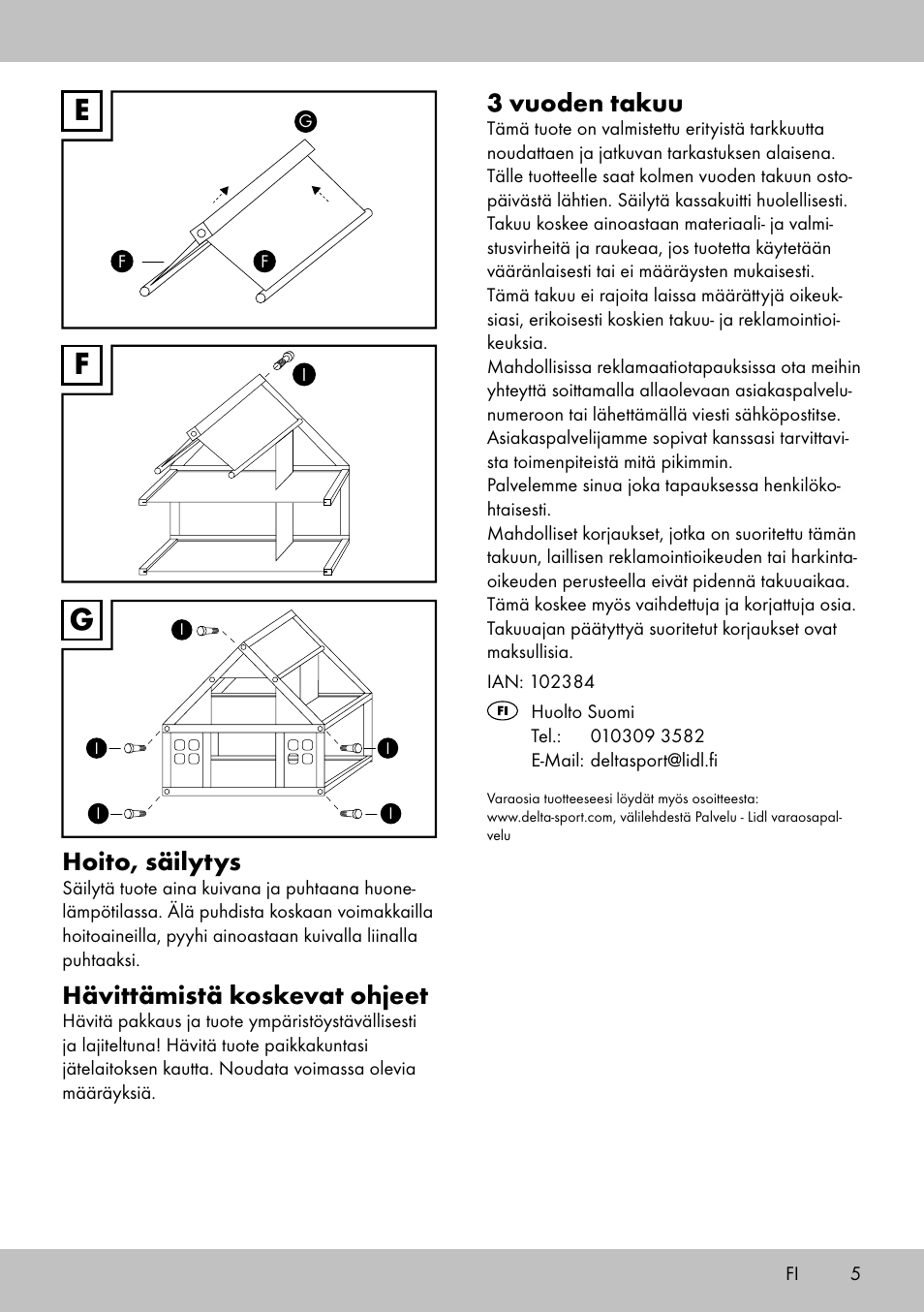 Fe g, 3 vuoden takuu, Hoito, säilytys | Hävittämistä koskevat ohjeet | Playtive Doll‘s House User Manual | Page 5 / 16