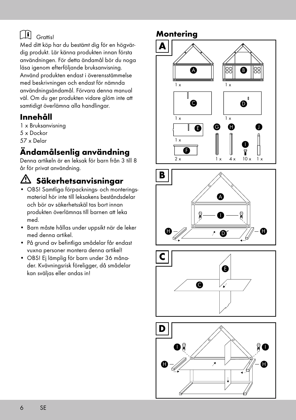 Bc d a, Innehåll, Ändamålsenlig användning | Säkerhetsanvisningar, Montering | Playtive Doll‘s House User Manual | Page 6 / 16