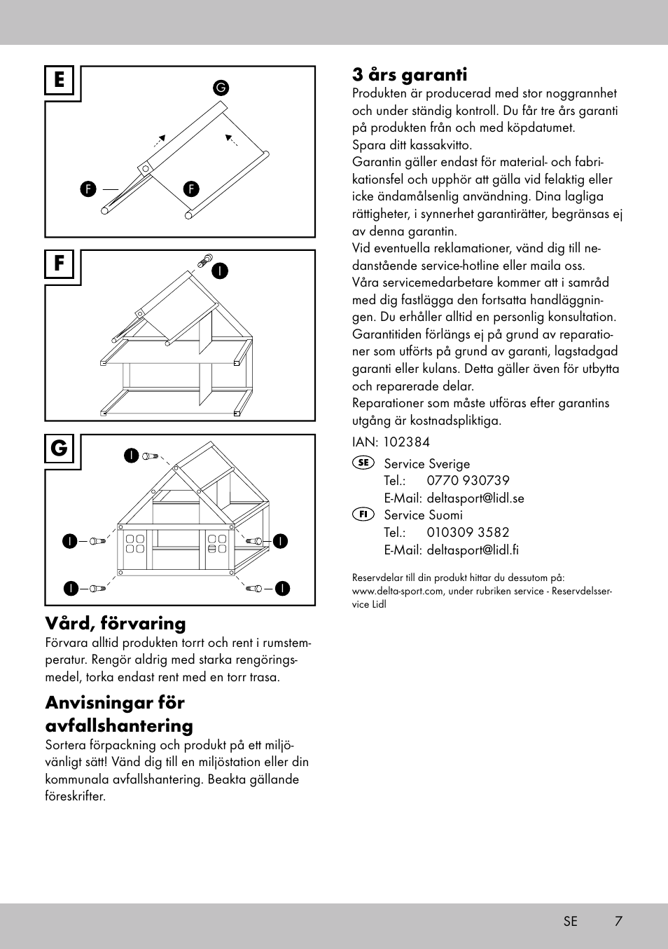 Fe g, 3 års garanti, Vård, förvaring | Anvisningar för avfallshantering | Playtive Doll‘s House User Manual | Page 7 / 16